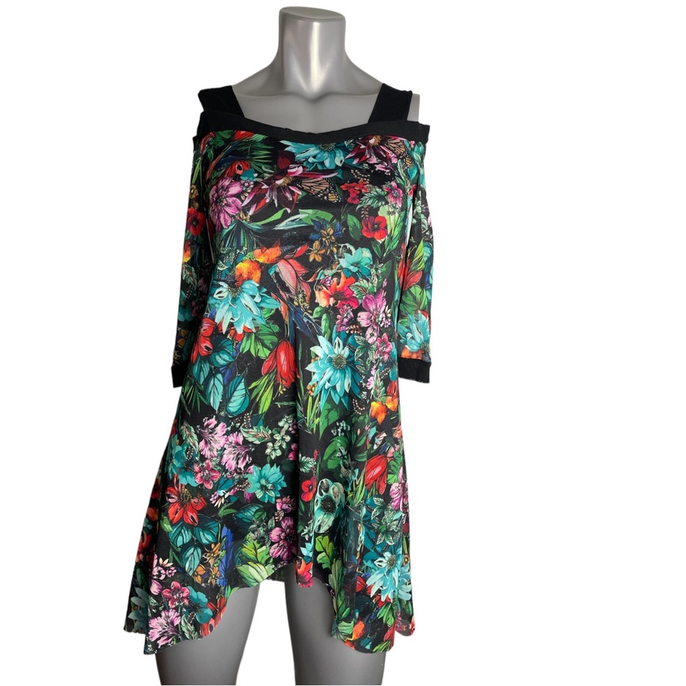ELENA KATTAN Floral Cold Shoulder mesh Print Tunic Size S